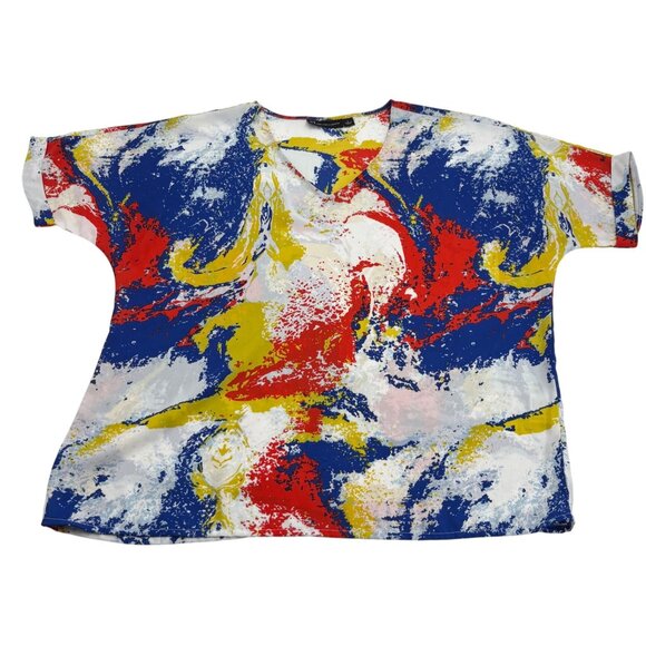 New York & Company Abstract Print T-Shirt Large Short Sleeves Colorful Pullover - Picture 1 of 5